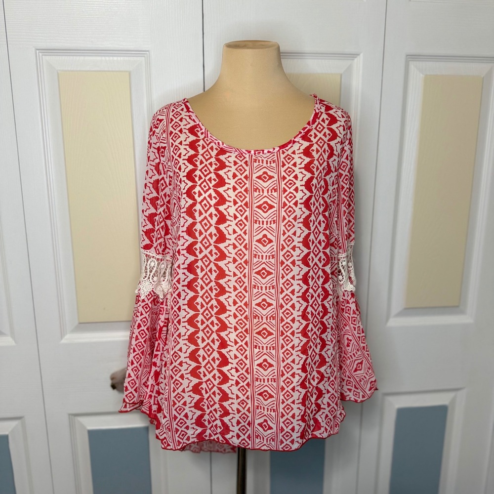 Aggie Tunic Boho Red White Geometric Silky Top Crochet Lace Bell Sleeve M